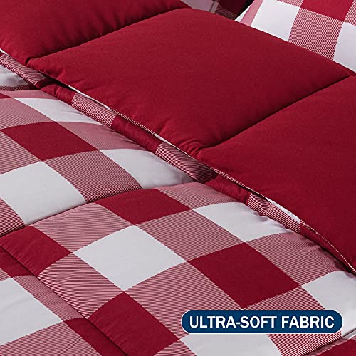 downluxe Lightweight Plaid Comforter Set (Twin) with 1 Pillow Sham - 2-Piece Set - Red/White Plaid - Down Alternative Reversible Comforter downluxe