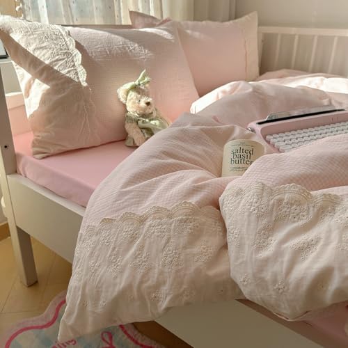 VM VOUGEMARKET Pink Full Duvet Cover Set 3 Pieces Lace Bedding Set Simple Cozy Plaid Checkered Comforter Cover with Zipper Ties for Teen Girls VM VOUGEMARKET
