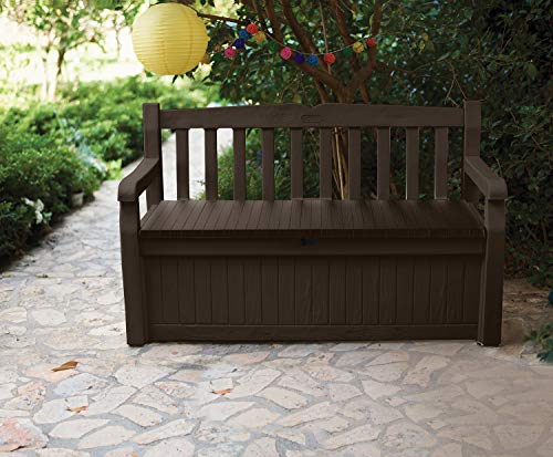 Keter Solana 70 Gallon Storage Bench Deck Box for Patio Furniture, Front Porch Decor and Outdoor Seating – Perfect to Store Garden Tools and Pool Toys, Brown/Brown Keter