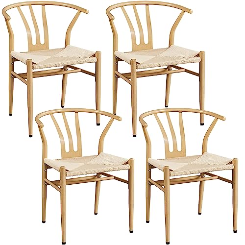 Yaheetech Weave Dining Chairs Weave Arm Chairs Set of 4 Mid-Century Modern Chair Dining Room Chairs Metal Frame Accent Chair Rattan Dining Chairs Weave Hemp Seat, Wood Color Yaheetech