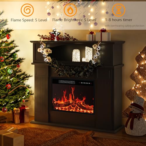 BOSSIN 43" Electric Fireplace with Mantel, 23 inch Electric Fireplace Insert, Freestanding TV Stand with Fireplace Heater,Wooden Surround Firebox Faux Log & Led Flames, Remote Control,750W/1500W Black BOSSIN