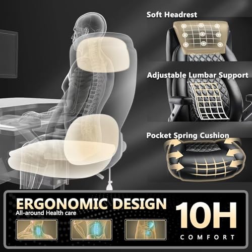 600LBS Large Heavy Duty Office Chair with 5D Flip Arms,Comfy Big and Tall Executive Office Desk Chair with Pocket Spring Cushion,High Back Computer Chair with Lumbar Support,Dual Rubber Wheel Indulgear