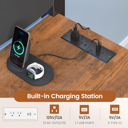 MSmask Full Size Loft Bed with 7 Storage Drawers, Large 2-Cube Bookshelf, L Desk & Charging Station, Metal Loft Bed with LED Lights & Open Shelf, Bed with Safety Guardrail & Ladders, Rustic Brown MSmask