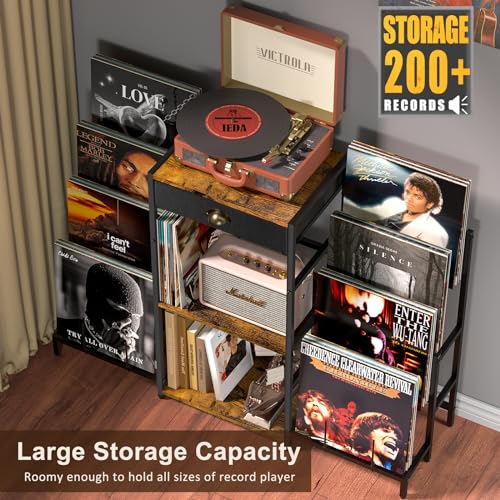 Record Player Stand with Vinyl Storage, Record Player Table with 8-Tier Vinyl Display Holder, Vinyl Record Stand Storage Up to 200 Albums, Turntable Stand with Metal Frame, End Table for Living Room ThreeHio