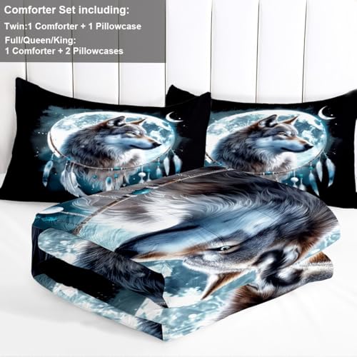 CCoutueChen Wolf Comforter Set King Size, Wolves Moon Bedding Set, Dream Catcher & Animal Pattern on Black Bedding, Western Boho Tribal Comforter Soft Microfiber Down Quilt 3 Pieces CCoutueChen