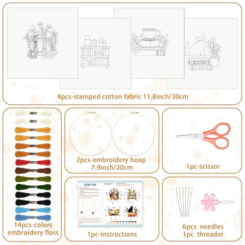 BEUNITONE Flower Embroidery Kit for Beginners 4 Pack Embroidery Starter Kit for Adult Cat Plant Books Pattern Stamped Cross Stitch Set with Instructions Embroidery Hoops Easy for DIY Craft 7.9''