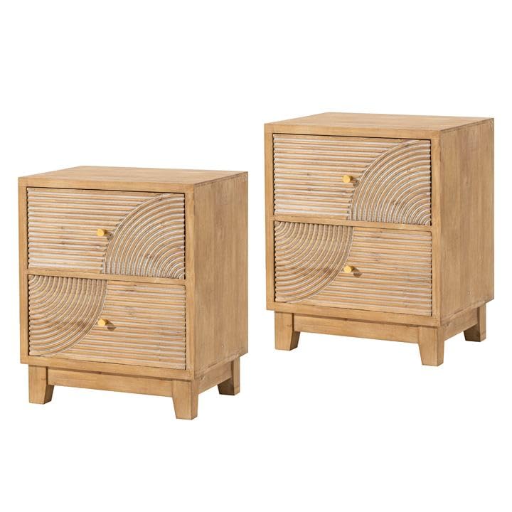 COZAYH 2-Drawer Farmhouse Nightstand, Mid Century Nightstand Set of 2 Fully Assembled with Handcrafted Wood Ring Pattern for Boho, Mid-Century, Rustic Style, Natural Wood COZAYH