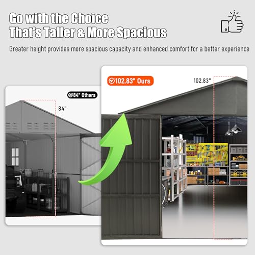 Domi 12x15FT Outdoor Metal Garage Shed, Extra Large Metal Carport with Lockable Double Hinged Doors, Heavy Duty Car Shelter for Car, Truck, Motorcycle and Lawn Equipment, Dark Grey domi outdoor living