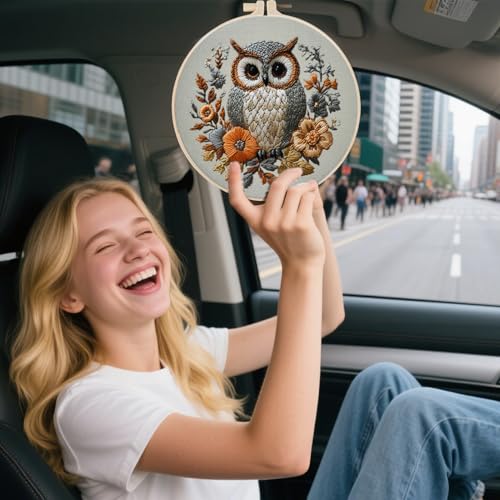FONNUY Embroidery Kit for Beginners, Owl Flowers Pre-Stamped Pattern Kits for Adults with Hoop, Easy to Follow Color Thread Needlework, 8'' Hoop (Blue)