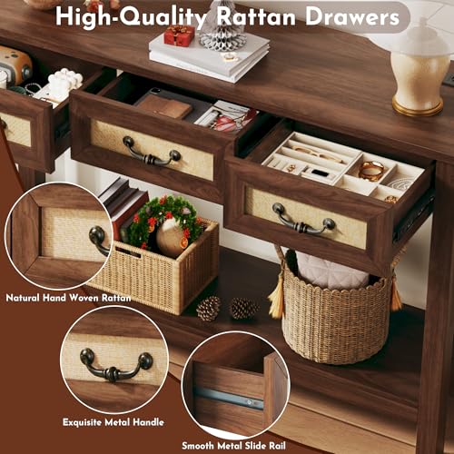 HUAHUU 47.2" Console Table with 3 Rattan Drawers, Long Sofa Table with Storage Behind Couch, Farmhouse Entryway Table with Power Outlet & Open Storage for Entrance/Hallway/Foyer/Living Room, Walnut HUAHUU