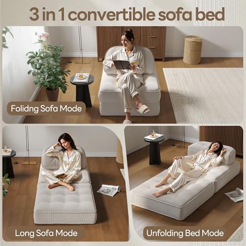 Dowinx Folding Sofa Bed with Pillow, Convertible Comfy Couch Bed for Adults Home Lounge and Gaming, Modern Comfortable Design for Apartment Living Room Bedroom, Single, Ribbed Velvet, White Dowinx