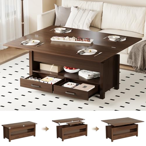 Garvee 40" Coffee Table Lift Top, Multi-Function Convertible Coffee Table with Drawers and Hidden Compartment, Converts to Dining Table for Living Room, Brown Garvee
