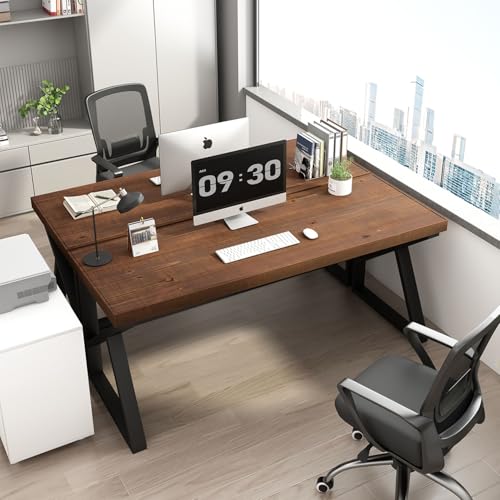 IBF Natural Real Wood Computer Desk, Rustic Writing Study Table for Student, Solid Wooden and Metal Gaming Home Office Desk, Farmhouse Industrial Modern Executive Work Desk Workstation, Brown, 55 Inch IBF