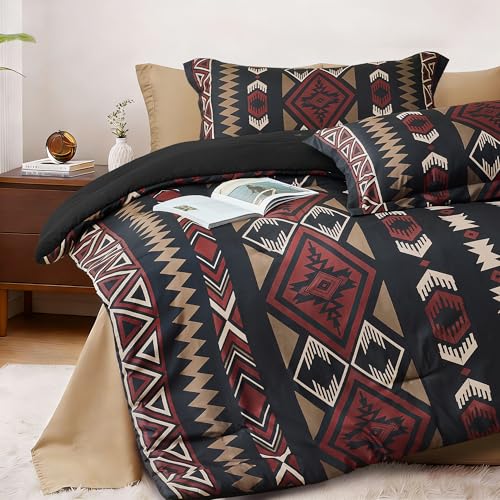 Tyrot Queen Comforter Set – 3 Piece Black Red Boho Aztec Bedding, Western Southwestern Style Comforter Sets, Soft Lightweight Comforter for All Seasons, 1 Comforter & 2 Pillow Shams Tyrot