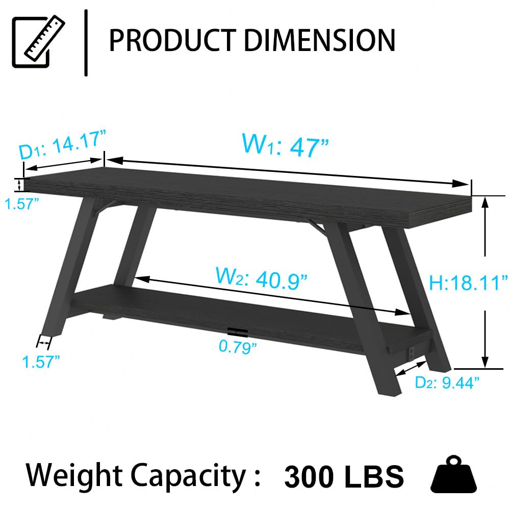 LVB Black Bench, Modern Storage Bench for Bedroom, Wood Metal Entryway Bench for Hallway Dining Living Room, Famrhouse Shoe Rack Indoor Accent Seating Bench for Foyer Entrance, Black Oak, 47 Inch Long LVB