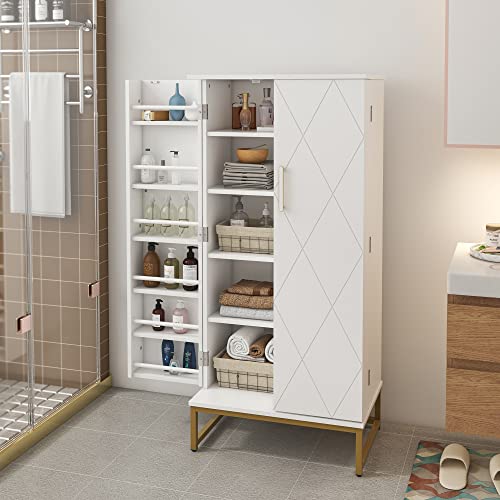 kepptory 51” Pantry Cabinets, White Freestanding Kitchen Pantry Storage Cabinet with Adjustable Shelves, Buffet Cupboards Storage Cabinet for Home Office Use, White + Gold kepptory