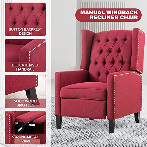 Recliner Chair for Adults Red Fabric Accent Chairs Living Room Mid-Century Modern Recliner Button Tufted Club Chair Upholstered Vintage Reclining Reading Arm Chair 27" Wide