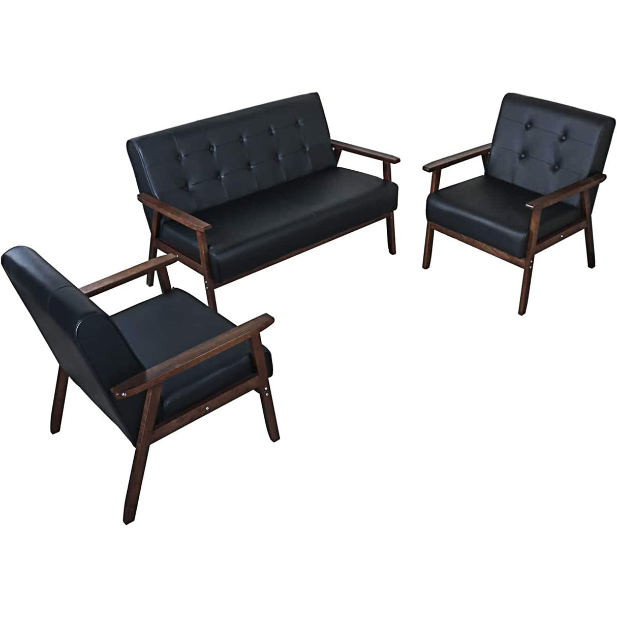 AODAILIHB Leather Sofa Couch Set 2 Accent Chairs & 1Loveseat Black Faux Leather Loveseats Mid Century Modern Office Couch for Small Space Waiting Room Living Room Furniture (3, Black) AODAILIHB