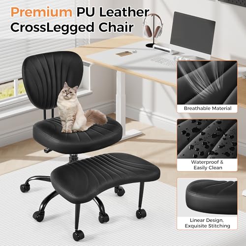 Cross Legged Office Chair, Ergonomic Criss Cross Chair with Wheels, 360° Swivel Height-Adjustable Meditation Chair for Yoga & ADHD, Wide Kneeling Chair with Strong Lumbar Support (Black) BPY01B BEWISHOME