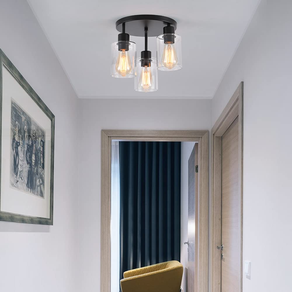 IHENGYANLT 3-Light Industrial Farmhouse Black Matte Light Fixtures Ceiling Mount, with Clear Glass Shades Semi Flush Mount Ceiling Light, for Hallway Fixtures Kitchen, Foyer IHENGYANLT