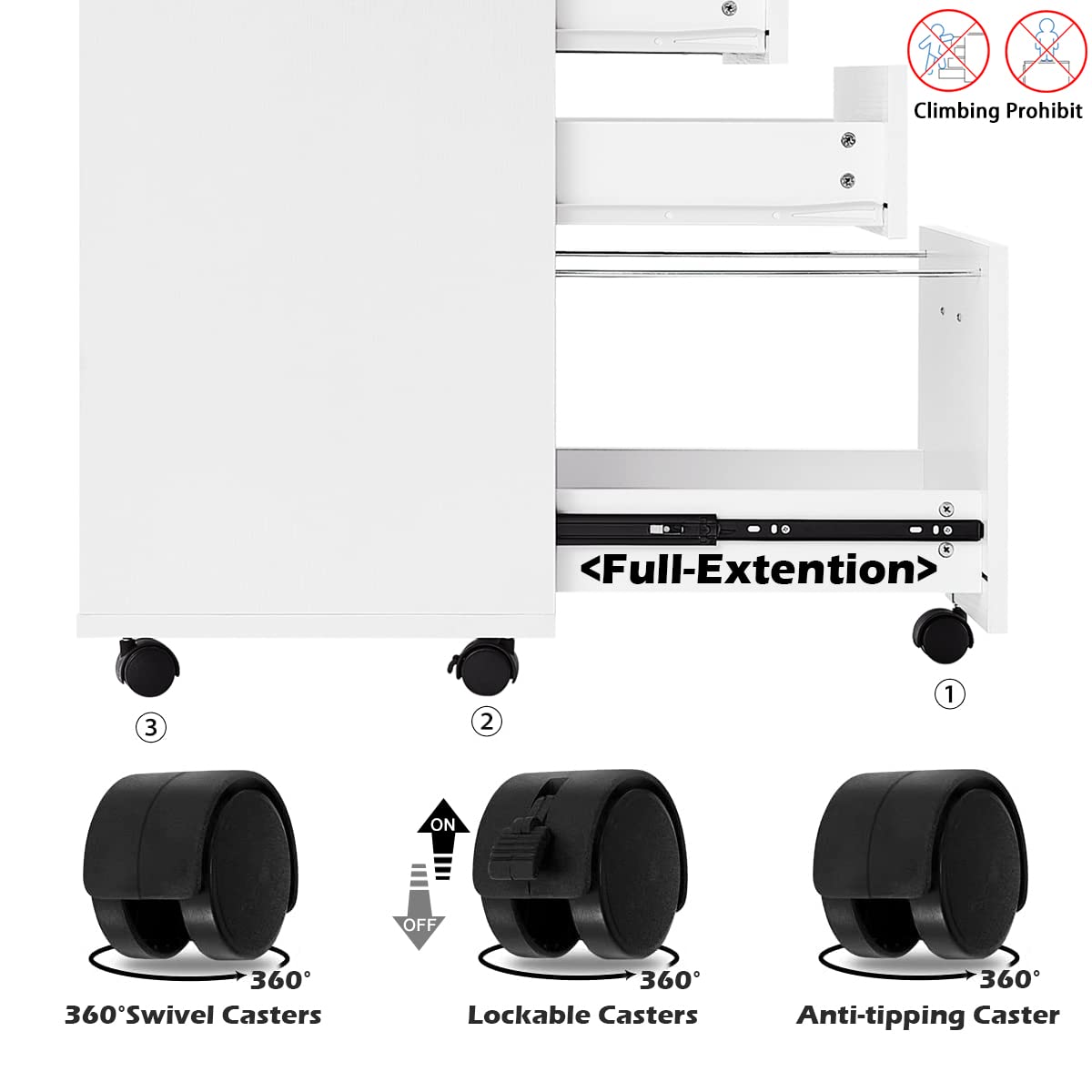 Panana 3 Drawer Wood Mobile File Cabinet, Under Desk Storage Drawers Small File Cabinet for Home Office (White) Panana