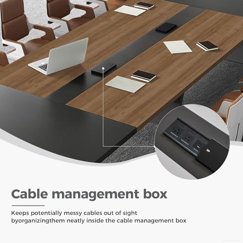 Nuipesn 118 Inch Rectangular Conference Table, 10FT Meeting Table for 10-12, Built-in Power Outlets & USB Charging Ports, Cable Management Box, 2 Inch Thick Top, Walnut/Grey Nuipesn