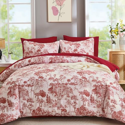 DJY King Size Comforter Set, Red 7 Pieces Bed in a Bag King Botanical Comforters with Sheets Elegant Plants Print Christmas Soft Microfiber Reversible Complete Bedding Sets for All Season