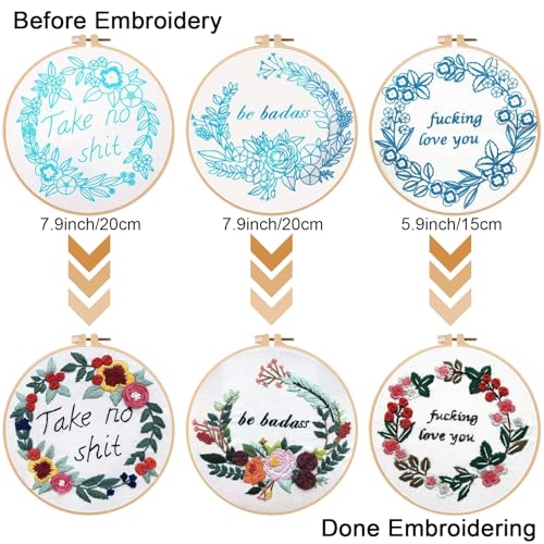 Louise Maelys Embroidery Starter Kit with 3 Hoops for Adults Funny Floral Wreath Pattern for Beginners Needlepoint Kits