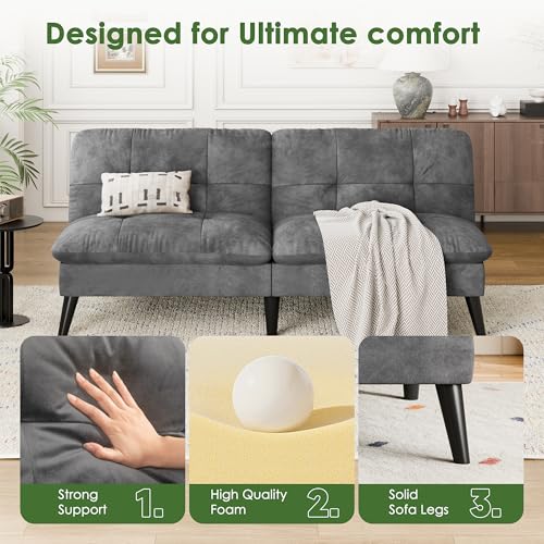 Shintenchi Convertible Futon Sofa Bed, Folding Velevt Set with Adjustable Backrest Recliner Lounge for Living Room, Apartment or Office, Solid Wood Frame, 3-Seater Sofa, Dark Grey Shintenchi
