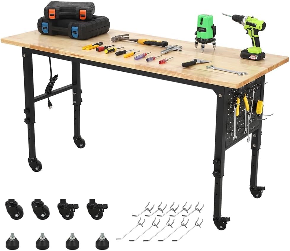 40 InAdjustable Heavy Duty Work Bench - 2000LB Rolling Workbench Capacity Rubber Wood Top with Power Outlets, Pegboard & Wheels for Garage, Workshop, Office Attracoast