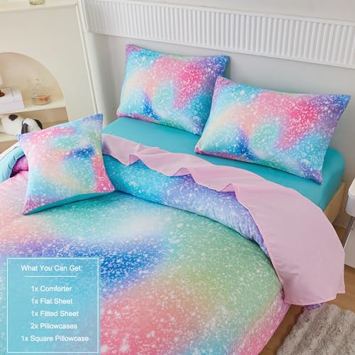 PERFEMET Pink Green Girls Twin Comforter Set, 6 Pieces Colorful Rainbow Kids Bedding Sets, Tie Dye Ombre Glitter Bed in A Bag Comforter Set with Sheets PERFEMET