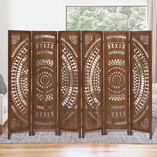 Aletheiawu Room Divider Panel, 6 Panel Boho Room Divider Wall, Wood Room Dividers and Folding Privacy Screens, Boho Room Partitions and Dividers for Bedroom, Dark Brown Aletheiawu