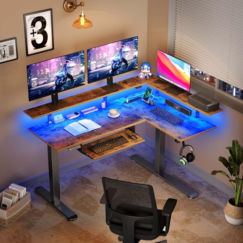 Rolanstar L Shaped Standing Desk with Keyboard Tray, Height Adjustable Corner Desk with LED Light & Power Outlet, Electric Sit Stand Computer Desk with Monitor Stand, Rustic Brown Rolanstar