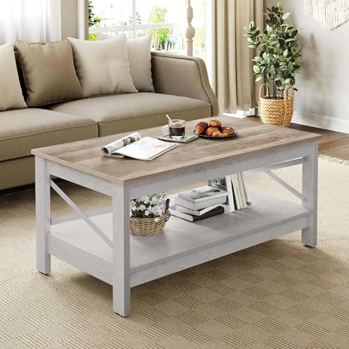 YITAHOME Coffee Tables for Living Room, Modern Farmhouse Coffee Table with Storage, 2-Tier Center Table Wood Living Room Table Accent Cocktail with Sturdy Frame, Grey Wash YITAHOME