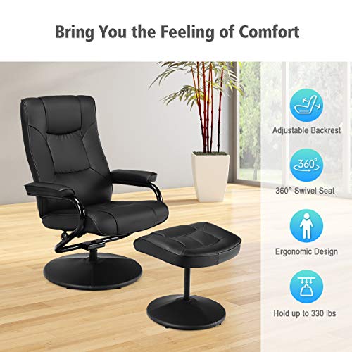 WATERJOY Swivel Recliner Chair, PU Leather Lounge Armchair Recliner, 360 Degree Swivel Overstuffed Padded Seat Chair with Footrest Stool Ottoman Set for Office Living Room Black