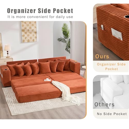 Modular L Shaped Sectional Couch Sofa with Movable Footstool, Cup Holders, 8 Pillows, Side Pockets, Converts to Bed, 110.75 Inch Corduroy Fabric for Living Room,Orange Generic