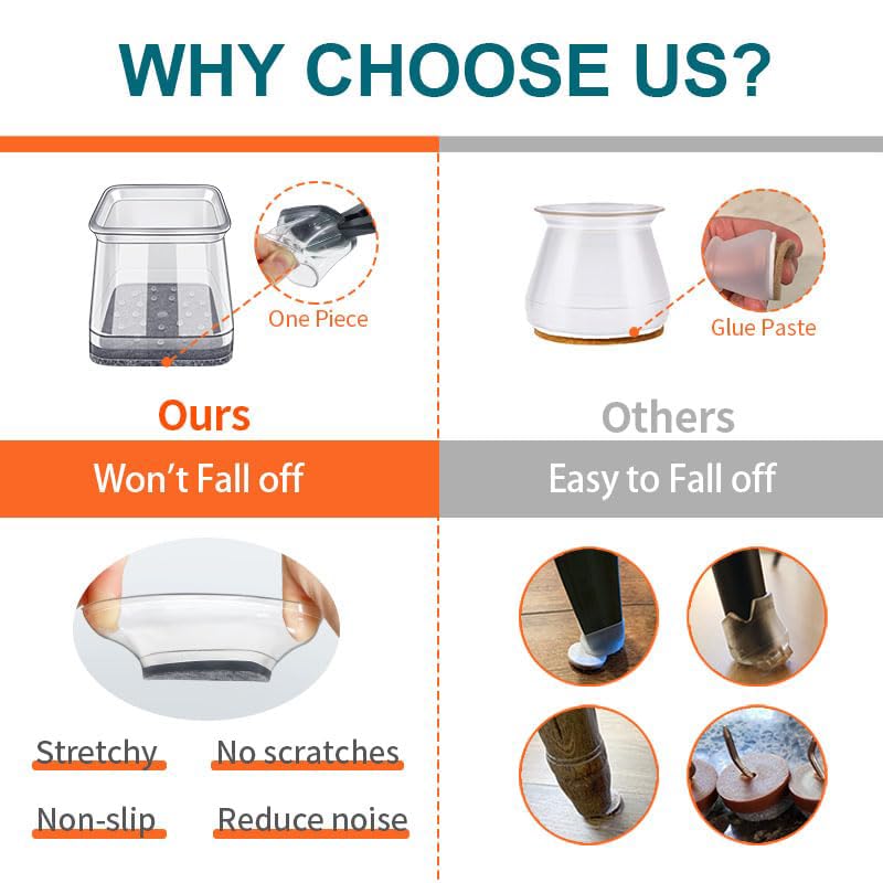 24 Pcs Chair Leg Floor Protectors Square, Silicone Felt Furniture Leg Pads Caps Covers for Hardwood Floors (Fit:1-1/16" to 1-5/8") Ansible