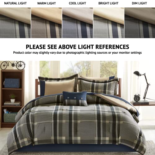 Intelligent Design Robbie 7-Piece Twin XL Comforter Set – Lightweight All-Season Plaid Bedding, Navy/Tan, Cozy Bed-in-a-Bag with Matching Shams & Decorative Pillow, Modern Casual Style Intelligent Design