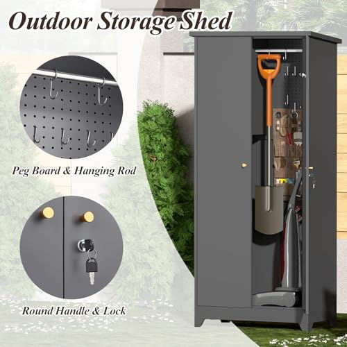 GREATMEET 72.8" Outdoor Broom Storage Cabinet, Waterproof Outdoor Narrow Storage Shed, Metal Storage Cabinets for Cleaning Supplies with Slanted Roof, Utility Closet, Broom Mop Storage Cabinet, Grey GREATMEET