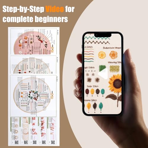 Hi-YomiLaugh 3 Pack Beginner Embroidery Kit & Cross Stitch Kits for Adults, Needles & Tools, Easy Needlepoint Set with Step-by-Step Instructions & Video Tutorial (Floral Garden)