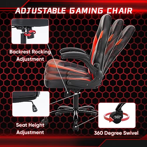 DUMOS Ergonomic Computer Gaming Chair with Flip-up Armrest, Height Adjustable PU Leather Home Office Desk Chair with Lumbar Support Swivel Wheels and for Adults and Kids, Scarlet Red DUMOS