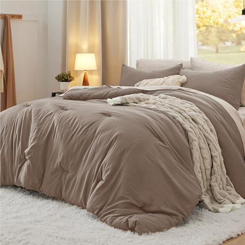 Bedsure Queen Comforter Set, Brown Soft Prewashed Bedding for All Seasons, 3 Pieces GentleSoft™ Bed Set, 1 Lightweight Comforter (90"x90") and 2 Pillowcases (20"x26") Bedsure