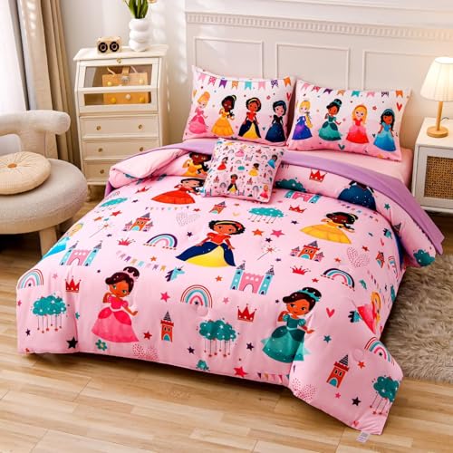 GRAT TIOC 6 Pieces Pink Princess Comforter Set for Girls Twin,Bed in A Bag Princess Bedding Set for Girl Kids (1 Comforter,1 Flat Sheet,1 Fitted Sheet,2 Pillowcases and 1 Cushion Cover) GRAT TIOC
