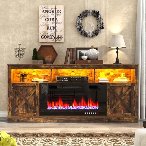 Farmhouse Fireplace TV Stand for 70/75/80 Inch TV, 32”Tall Entertainment Center w/ 36”Electric Fireplace & LED Light, 70”Media Console w/Barn Door Cabinet for Living Room, Rustic Brown jiteentarou