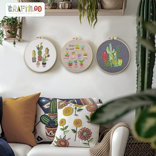 CRAFTILOO Embroidery Kits for Adults Hand Embroidery kit for Beginners with Stamped Embroidery Patterns Starter Embroidery Kit. Needlepoint kit Cross Stitch kit for Teens& Adults Cactus