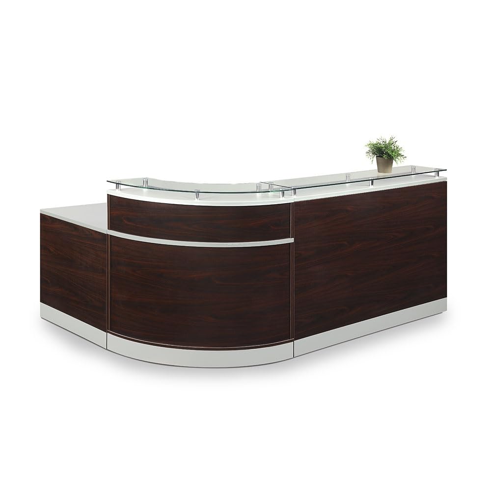 NBF L-Shaped Modern Reception Desk with Counter - 79" W x 63" D Retail Checkout Station - Curved Front Desk Reception Counter - Countertop Welcome Desk for Office Lobby Salon Store (Walnut) nbf signature series
