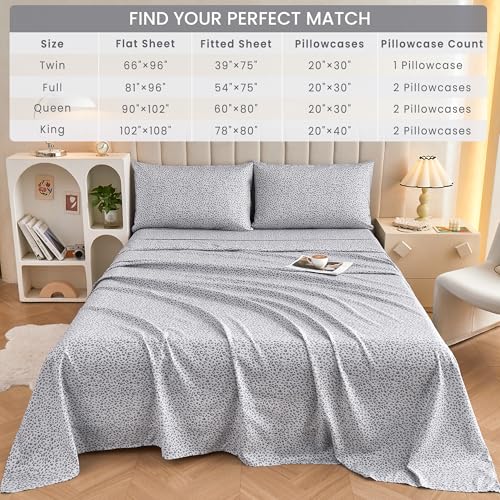 Mooreeke Leopard Cheetah Printed Queen Bed Sheets, Soft Microfiber Bedding Sheets & Pillowcases, Deep Pocket Non-Slip Fitted Queen Sheet, Silver Grey Animal Pattern Bedsheets Mooreeke