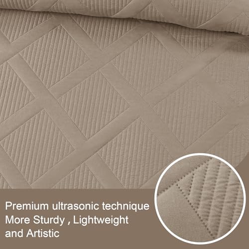 Exclusivo Mezcla Full Queen Size Quilt Set with Modern Striped Pattern, 3 Pieces Summer Lightweight Taupe Quilts Bedding Set, Soft Bedspreads Coverlets for All Seasons Exclusivo Mezcla
