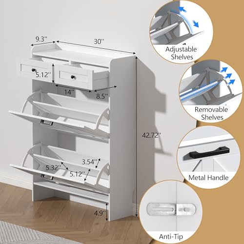 Thacuok Shoe Cabinet with 2 Flip Drawers & 2 Storage Drawers, Rustic Farmhouse Narrow Shoe Organizer Cabinet, Slim Shoe Rack Cabinet, Shoe Storage Cabinet for Entryway, Hallway, Front Door Thacuok