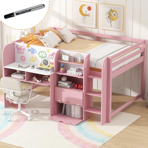 SOFTSEA Full Size Low Loft Bed with Desk & Storage, Solid Wood Pink Loft Bed with Drop-Down Cabinets, Open Shelves & Whiteboard for Kids Juniors Boys Girls, Pink SOFTSEA